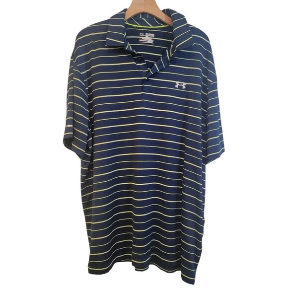 Under Armour HeatGear Polo Shirt Golf Navy Blue Green Stripe Looose Fit 2XL - Picture 1 of 9